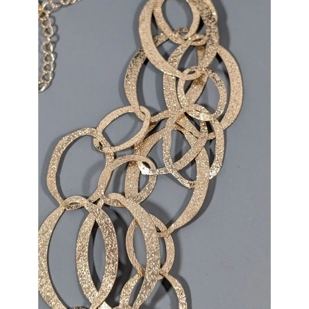 Gold Tone Textured Oval Chain Link Multi Strand Statement Necklace Lightweight 2
